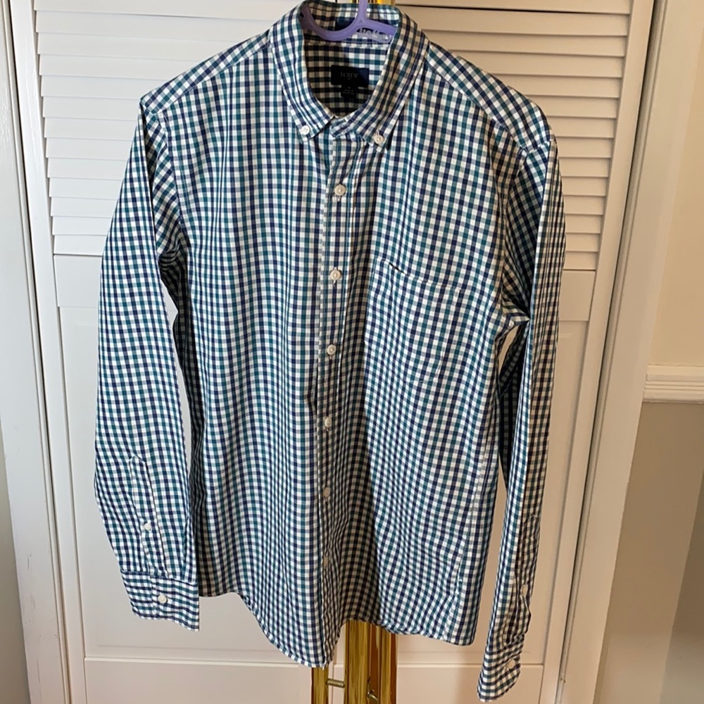 J. Crew Green and White Button Down Shirt.